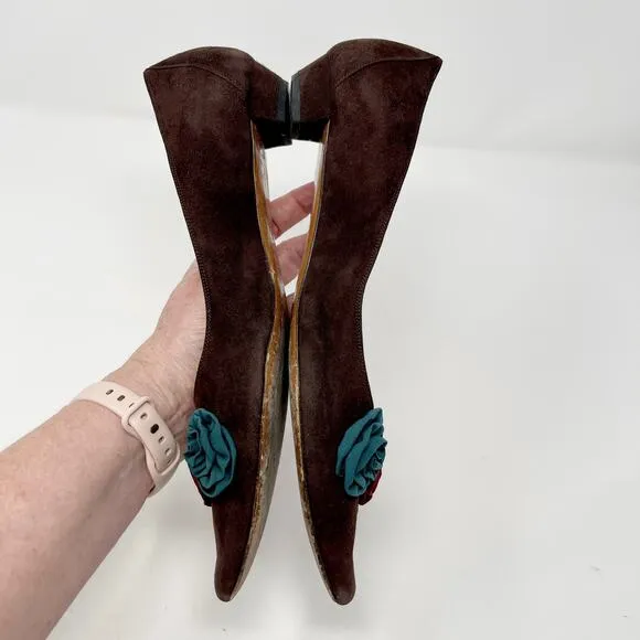 Domenico Vacca Women's Flats Slip On Pointed Toe 39 IT US 8.5 Fabric Roses Brown