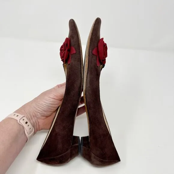 Domenico Vacca Women's Flats Slip On Pointed Toe 39 IT US 8.5 Fabric Roses Brown