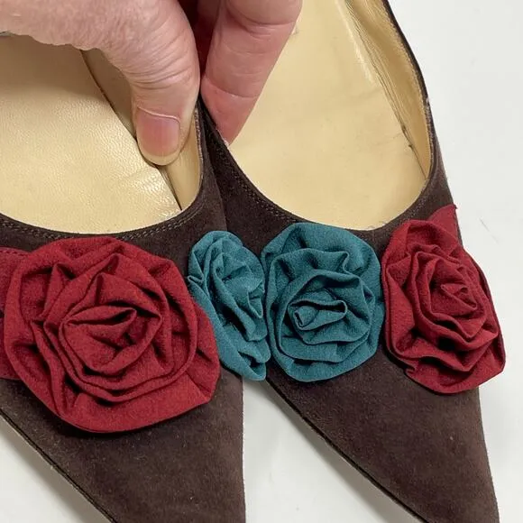 Domenico Vacca Women's Flats Slip On Pointed Toe 39 IT US 8.5 Fabric Roses Brown