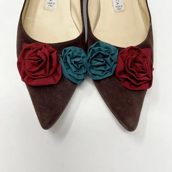 Domenico Vacca Women's Flats Slip On Pointed Toe 39 IT US 8.5 Fabric Roses Brown
