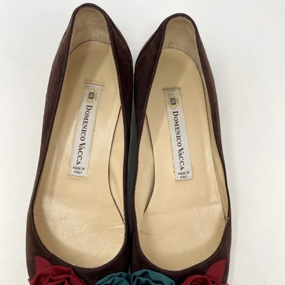 Domenico Vacca Women's Flats Slip On Pointed Toe 39 IT US 8.5 Fabric Roses Brown