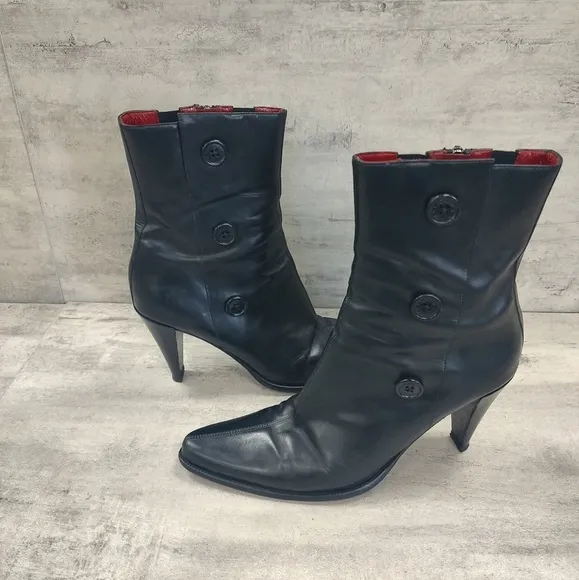 Donald J. Plinar Black Italian Button Ankle Boots Red Sole Women's Size 9
