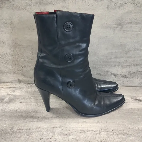 Donald J. Plinar Black Italian Button Ankle Boots Red Sole Women's Size 9