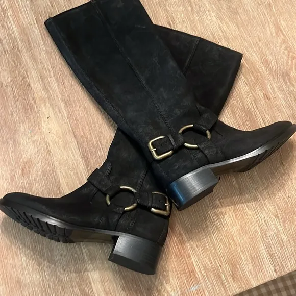 DONALD J PLINER “BOLE” BLACK SUEDED LEATHER WAXED TALL MOTO RIDING BOOTS SIZE 8M