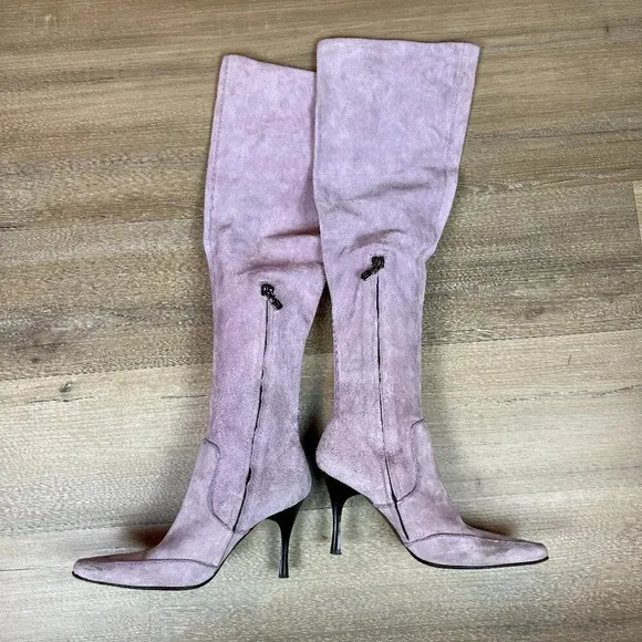 Donald J. Pliner over-the-knee pink suede &quot;Vale&quot; stiletto heel boots, size 7.5