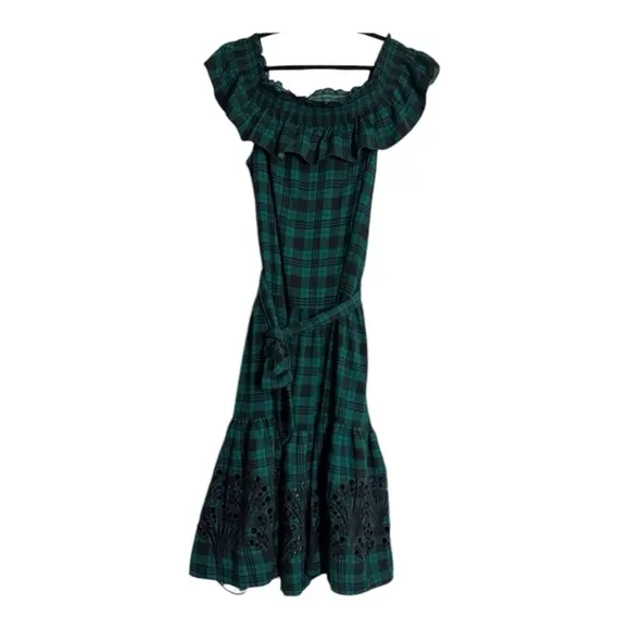 Draper James Off The Shoulder Tie Waist Dress in Angie Plaid in Evergreen XL