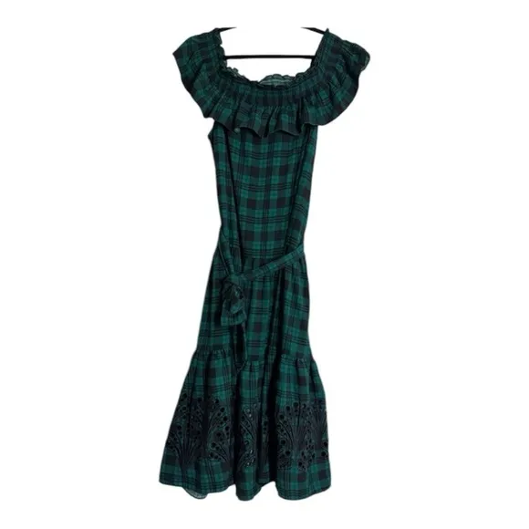 Draper James Off The Shoulder Tie Waist Dress in Angie Plaid in Evergreen XL