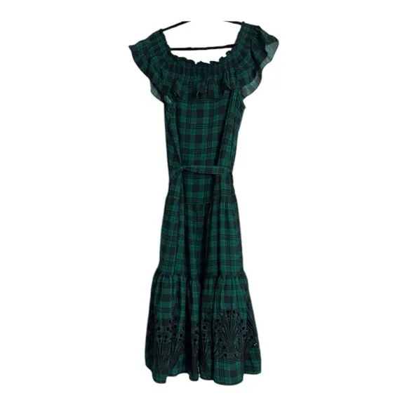 Draper James Off The Shoulder Tie Waist Dress in Angie Plaid in Evergreen XL