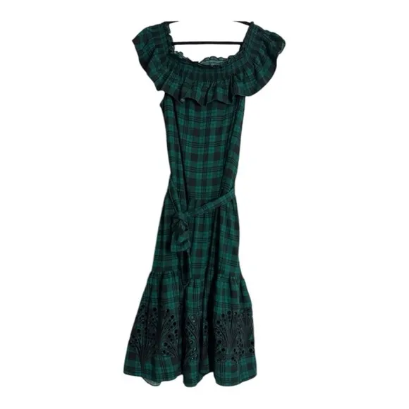 Draper James Off The Shoulder Tie Waist Dress in Angie Plaid in Evergreen XL