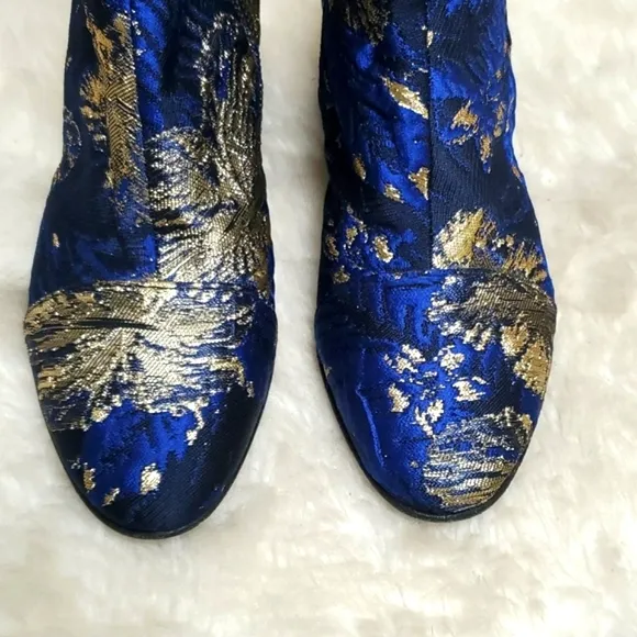 Dries Van Noten Navy Gold Jacquard Floral Ankle Boots Size 5