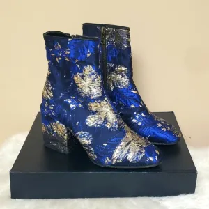 Dries Van Noten Navy Gold Jacquard Floral Ankle Boots Size 5