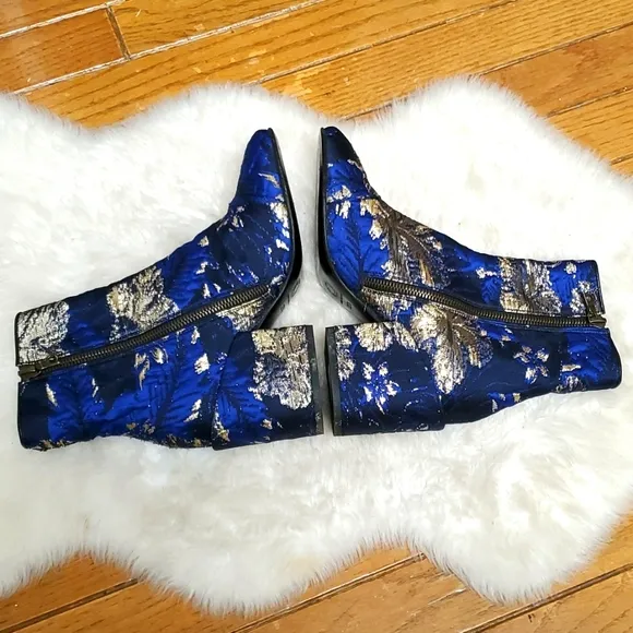 Dries Van Noten Navy Gold Jacquard Floral Ankle Boots Size 5