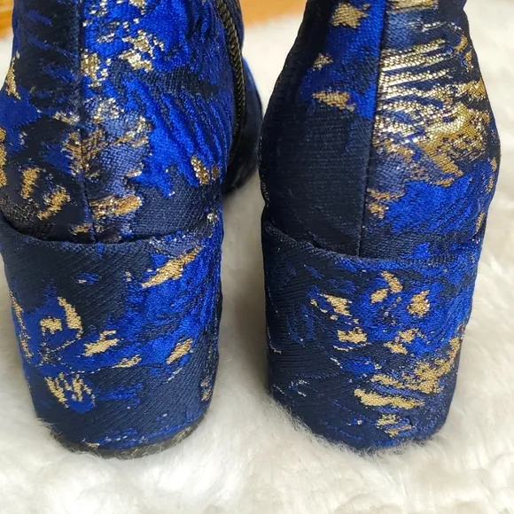 Dries Van Noten Navy Gold Jacquard Floral Ankle Boots Size 5
