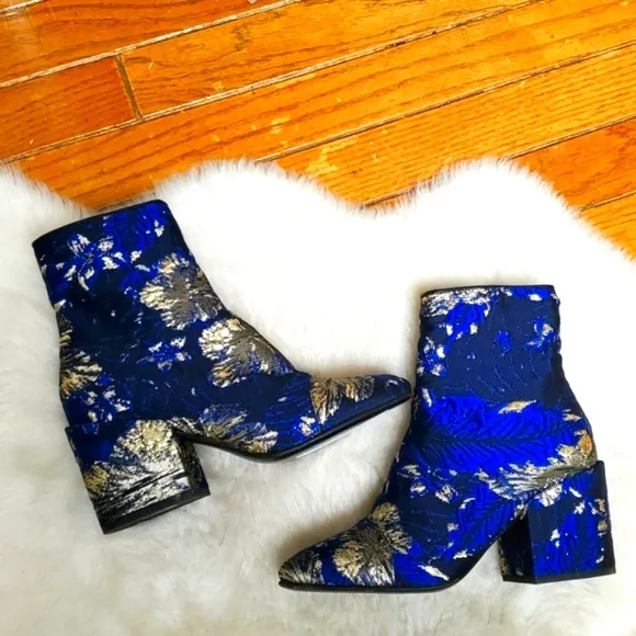 Dries Van Noten Navy Gold Jacquard Floral Ankle Boots Size 5