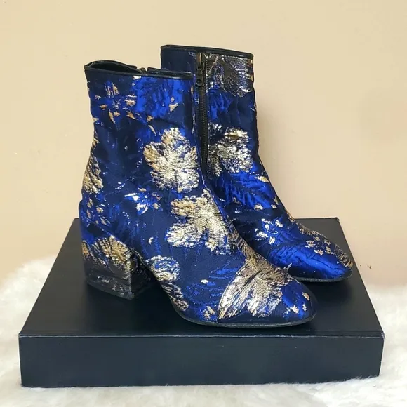 Dries Van Noten Navy Gold Jacquard Floral Ankle Boots Size 5