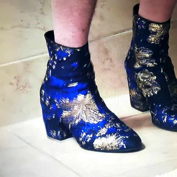 Dries Van Noten Navy Gold Jacquard Floral Ankle Boots Size 5