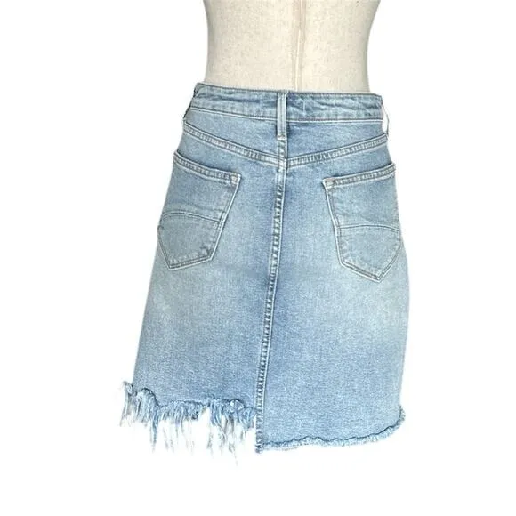 Driftwood Anthropologie Embroidered Denim Mini Skirt Distressed Hem Boho Chic 30