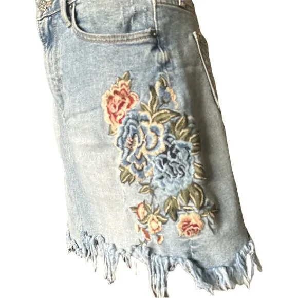 Driftwood Anthropologie Embroidered Denim Mini Skirt Distressed Hem Boho Chic 30