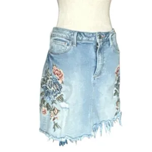 Driftwood Anthropologie Embroidered Denim Mini Skirt Distressed Hem Boho Chic 30