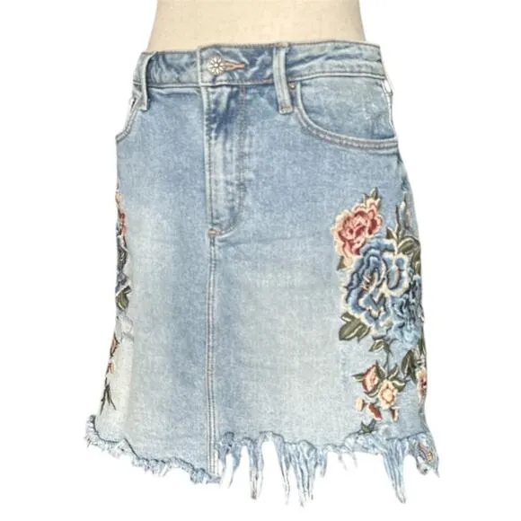 Driftwood Anthropologie Embroidered Denim Mini Skirt Distressed Hem Boho Chic 30