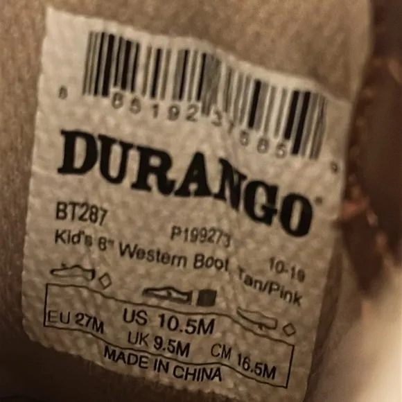 Durango Lil' Durango Girls Western Boots Tan Pink Square Toe Pull-On Size 10.5
