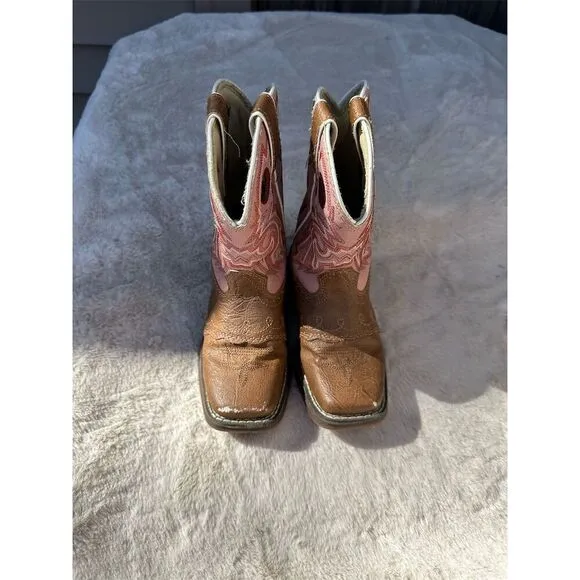 Durango Lil' Durango Girls Western Boots Tan Pink Square Toe Pull-On Size 10.5