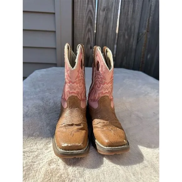 Durango Lil' Durango Girls Western Boots Tan Pink Square Toe Pull-On Size 10.5