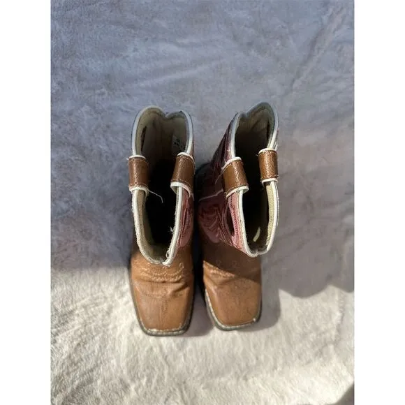 Durango Lil' Durango Girls Western Boots Tan Pink Square Toe Pull-On Size 10.5