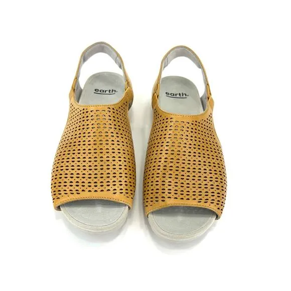 EARTH &quot;LINDEN LAVEEN&quot; AMBER YELLOW LEATHER SLINGBACK LASER CUT FLAT SANDALS🆕