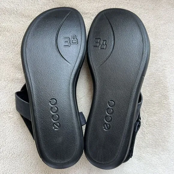 Ecco Simpil Black Leather Strappy Flat Comfort Sandal Women’s EU 38 US 7 - 7.5