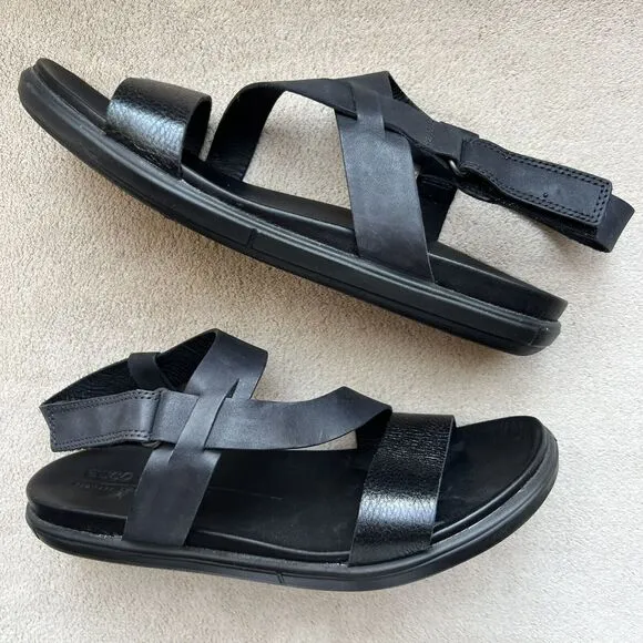Ecco Simpil Black Leather Strappy Flat Comfort Sandal Women’s EU 38 US 7 - 7.5