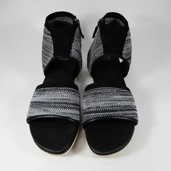 EILEEN FISHER Knit Sport Platform SANDALS Size 8 Black White Stretch Ankle Cuff