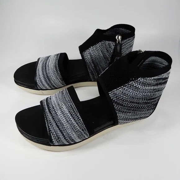 EILEEN FISHER Knit Sport Platform SANDALS Size 8 Black White Stretch Ankle Cuff