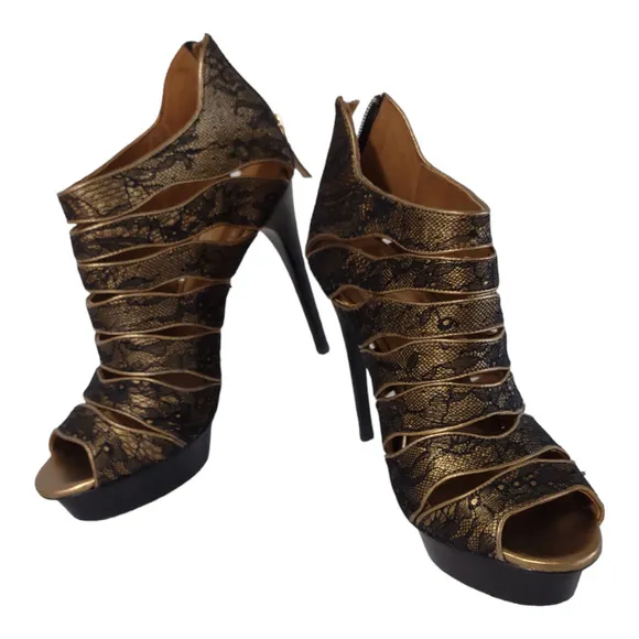 ELIE TAHARI Black Stiletto Lace Ankle Boots Leather Skinny Heels Platform Sz 8.5