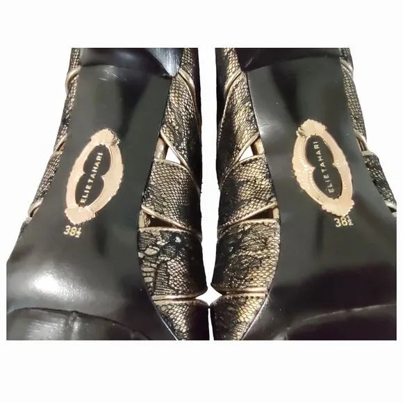 ELIE TAHARI Black Stiletto Lace Ankle Boots Leather Skinny Heels Platform Sz 8.5