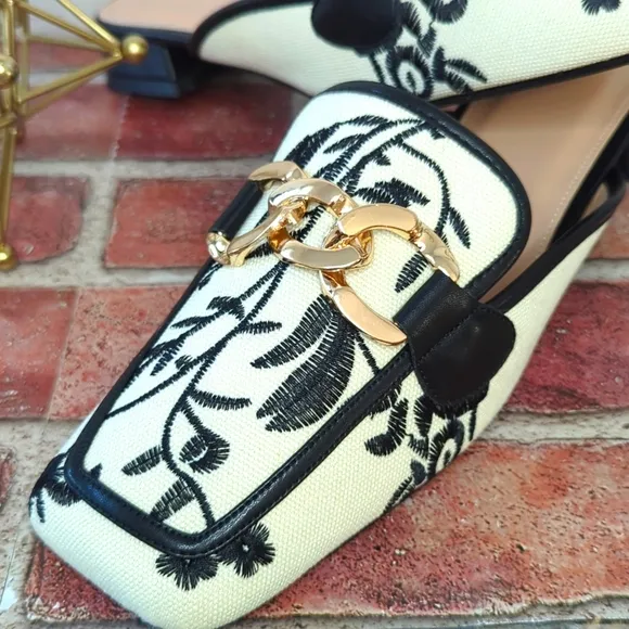 Embroidered Ivory Black Floral Gold Chain Mules Slip On Chunky Block Heel 9.5 41
