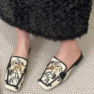 Embroidered Ivory Black Floral Gold Chain Mules Slip On Chunky Block Heel 9.5 41