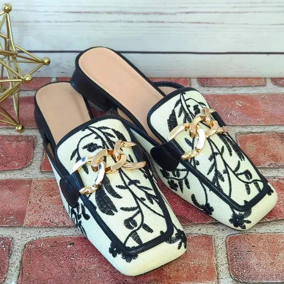 Embroidered Ivory Black Floral Gold Chain Mules Slip On Chunky Block Heel 9.5 41