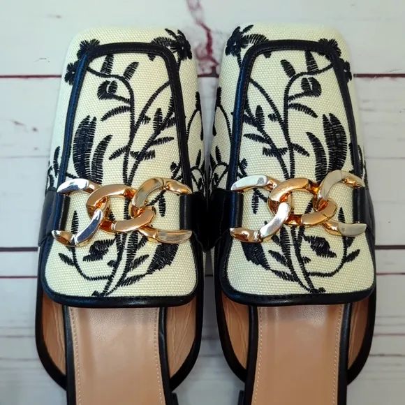 Embroidered Ivory Black Floral Gold Chain Mules Slip On Chunky Block Heel 9.5 41