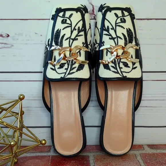 Embroidered Ivory Black Floral Gold Chain Mules Slip On Chunky Block Heel 9.5 41