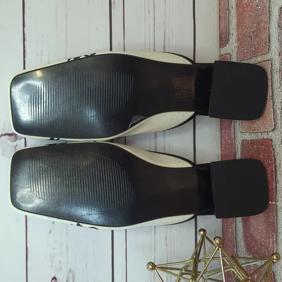 Embroidered Ivory Black Floral Gold Chain Mules Slip On Chunky Block Heel 9.5 41