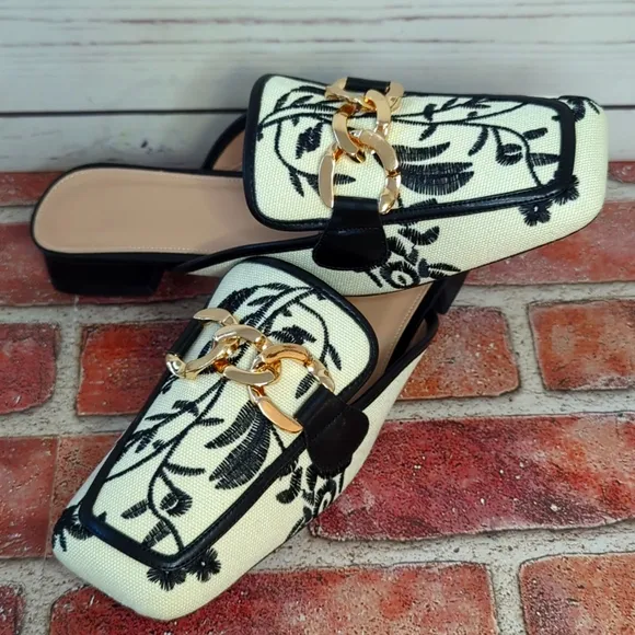 Embroidered Ivory Black Floral Gold Chain Mules Slip On Chunky Block Heel 9.5 41