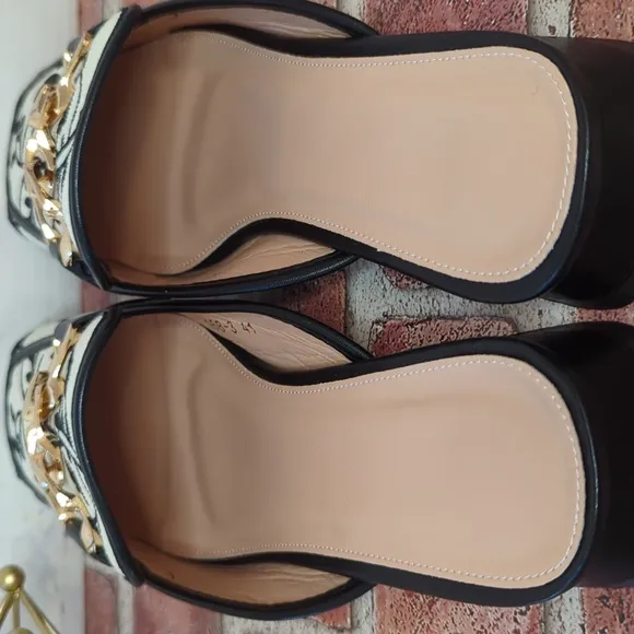 Embroidered Ivory Black Floral Gold Chain Mules Slip On Chunky Block Heel 9.5 41
