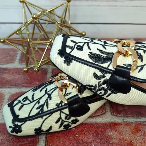 Embroidered Ivory Black Floral Gold Chain Mules Slip On Chunky Block Heel 9.5 41