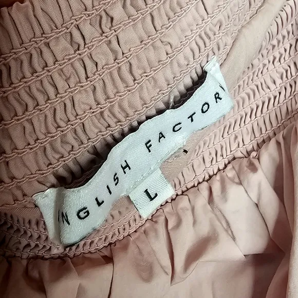 English Factory Dusty Rose Tiered Ruffled Smocked Cotton Midi Dress Sz. L
