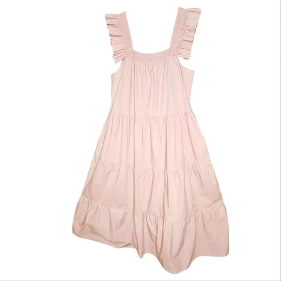 English Factory Dusty Rose Tiered Ruffled Smocked Cotton Midi Dress Sz. L