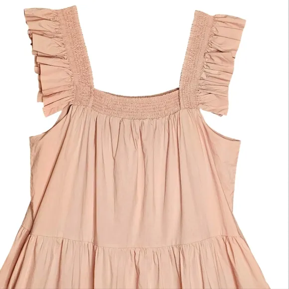 English Factory Dusty Rose Tiered Ruffled Smocked Cotton Midi Dress Sz. L