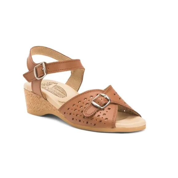 ERIC MICHAEL Tan Made In Portugal Leather Wedge Ankle Strap Sandals