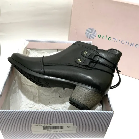 ERIC MICHEAL Casey black leather booties block heel almond toe ankle boots 39