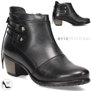 ERIC MICHEAL Casey black leather booties block heel almond toe ankle boots 39